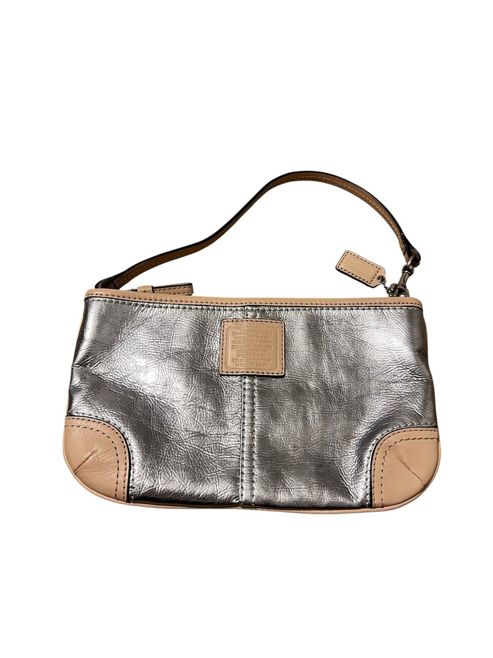 Coach Silver Metallic and Tan Leather Wristlet Clutch- Large